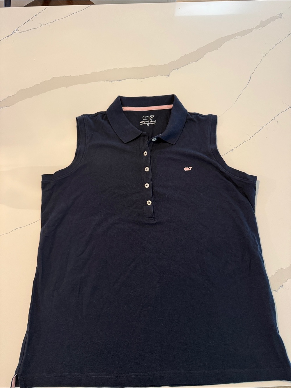 Vineyard Vines Navy Sleeveless Polo with Pink Whale Logo